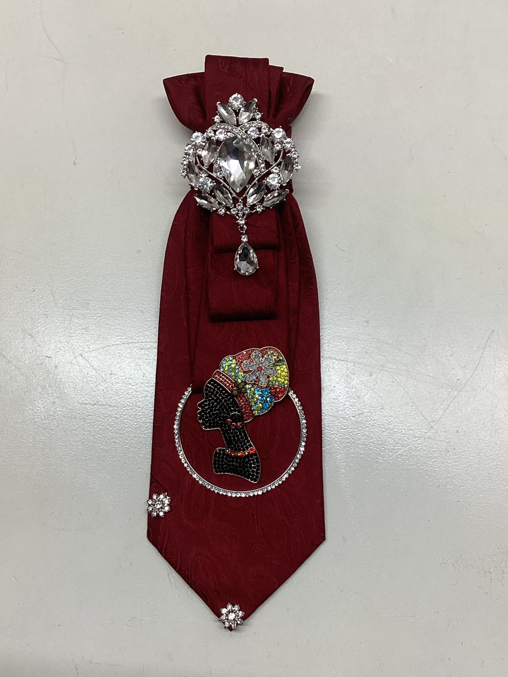 Handcrafted Burgundy Embellished Statement Necktie Necklace with African Queen